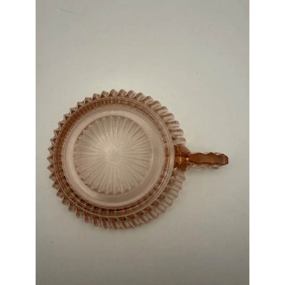 Vintage Pink Depression Glass Dessert Bowl with Handle Ribbed Scalloped 4”